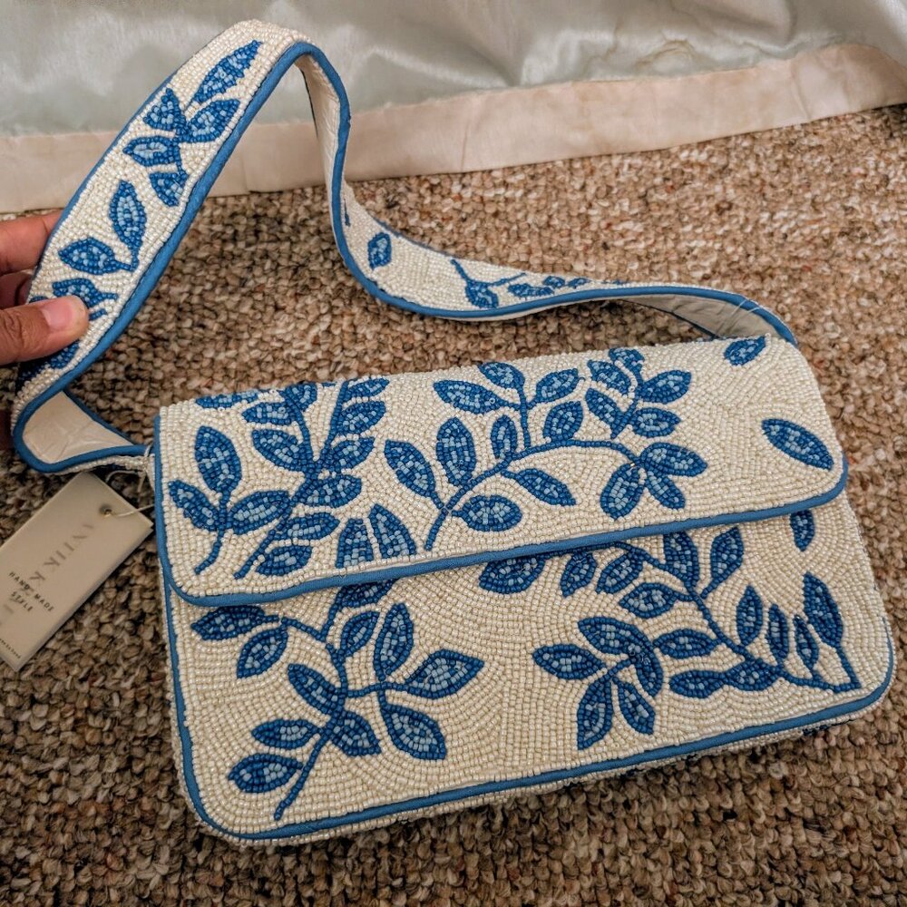 Beaded Blue and White Floral Shoulder Bag Viral Antik Kraft NWT